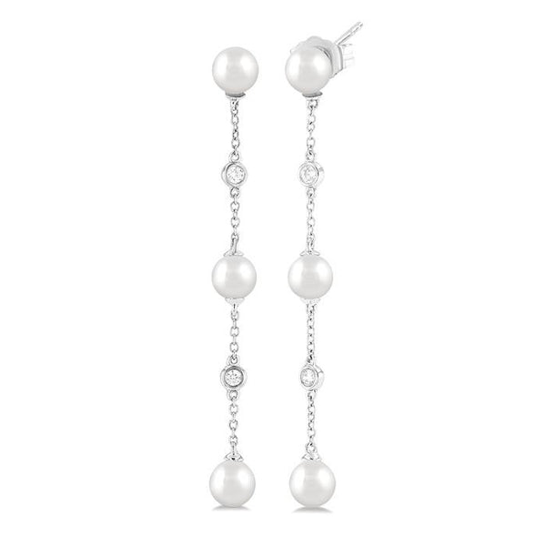 5 MM Round Shape Cultured Pearl and 1/10 Ctw Round Cut Diamond Station Long Earrings in 14K White Gold