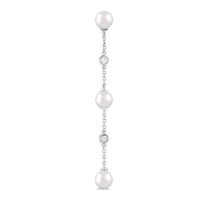 5 MM Round Shape Cultured Pearl and 1/10 Ctw Round Cut Diamond Station Long Earrings in 14K White Gold