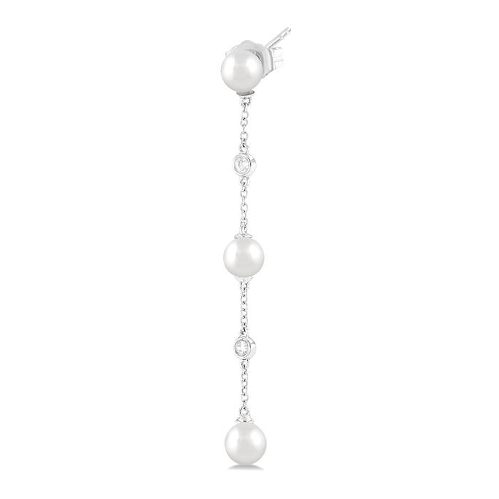 5 MM Round Shape Cultured Pearl and 1/10 Ctw Round Cut Diamond Station Long Earrings in 14K White Gold