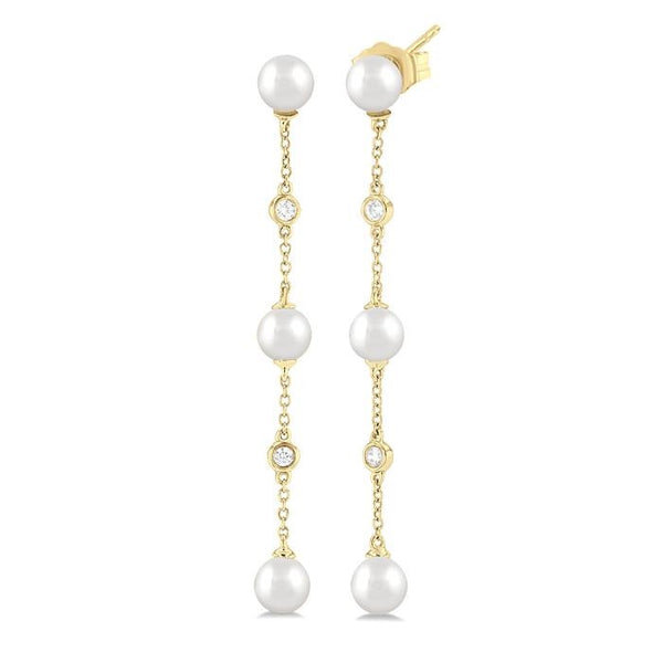 5 MM Round Shape Cultured Pearls and 1/10 Ctw Round Cut Diamond Station Long Earrings in 14K Yellow Gold