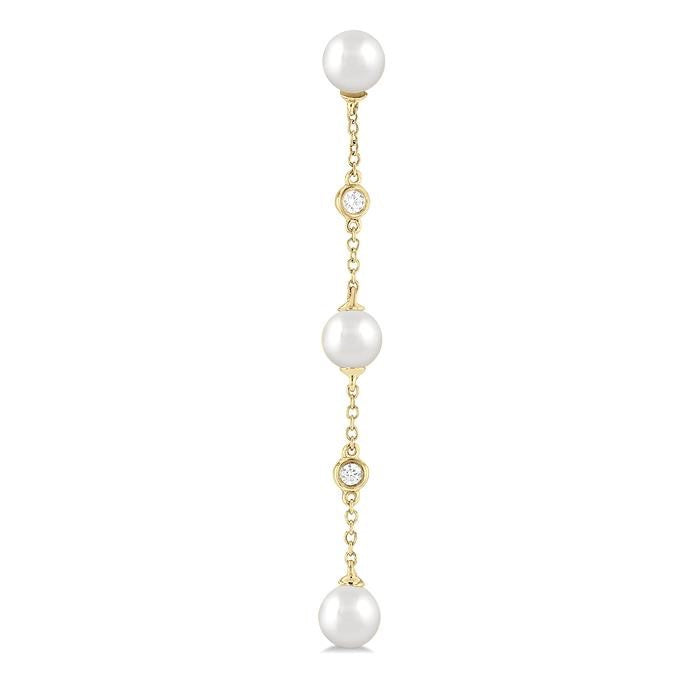 5 MM Round Shape Cultured Pearls and 1/10 Ctw Round Cut Diamond Station Long Earrings in 14K Yellow Gold