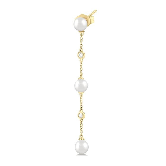 5 MM Round Shape Cultured Pearls and 1/10 Ctw Round Cut Diamond Station Long Earrings in 14K Yellow Gold