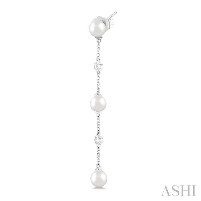 5 MM Round Shape Cultured Pearl and 1/10 Ctw Round Cut Diamond Station Long Earrings in 14K White Gold