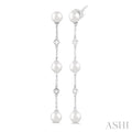 5 MM Round Shape Cultured Pearl and 1/10 Ctw Round Cut Diamond Station Long Earrings in 14K White Gold