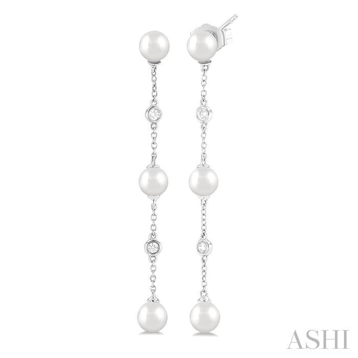 5 MM Round Shape Cultured Pearl and 1/10 Ctw Round Cut Diamond Station Long Earrings in 14K White Gold