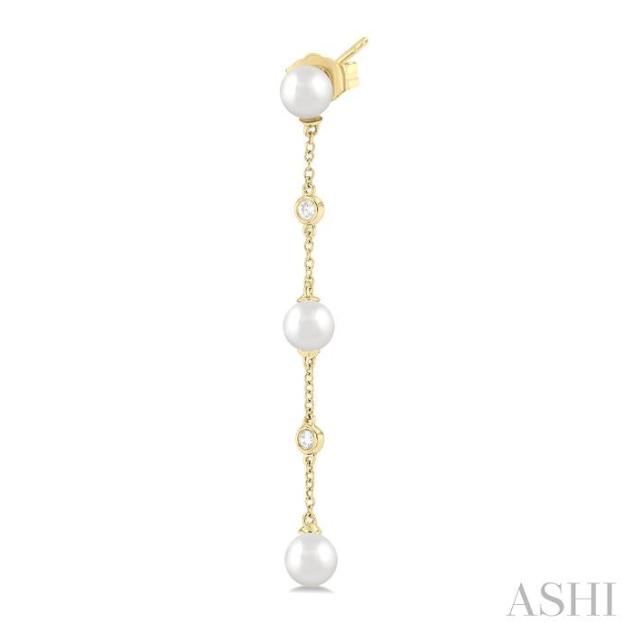 5 MM Round Shape Cultured Pearls and 1/10 Ctw Round Cut Diamond Station Long Earrings in 14K Yellow Gold