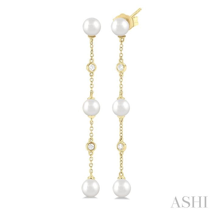 5 MM Round Shape Cultured Pearls and 1/10 Ctw Round Cut Diamond Station Long Earrings in 14K Yellow Gold