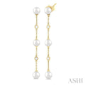 5 MM Round Shape Cultured Pearls and 1/10 Ctw Round Cut Diamond Station Long Earrings in 14K Yellow Gold