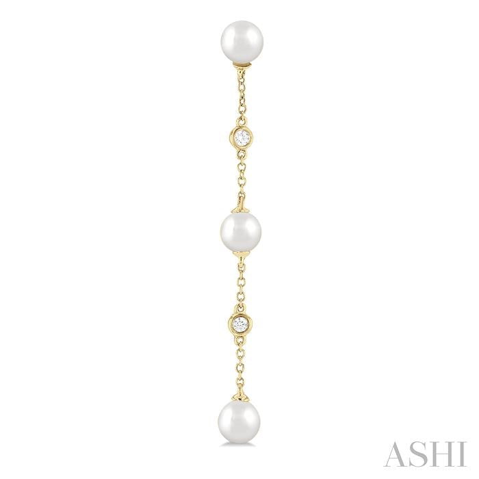5 MM Round Shape Cultured Pearls and 1/10 Ctw Round Cut Diamond Station Long Earrings in 14K Yellow Gold