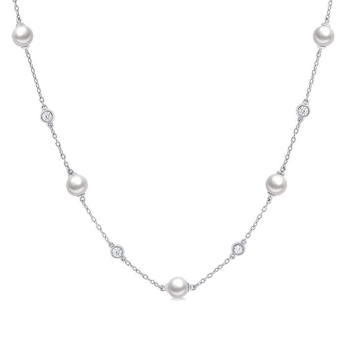 Aqualis Cultured Pearl & Diamond Station Necklace in 14K White Gold
