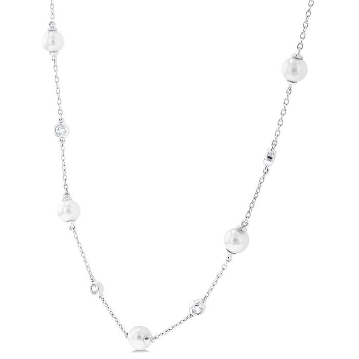 Aqualis Cultured Pearl & Diamond Station Necklace in 14K White Gold