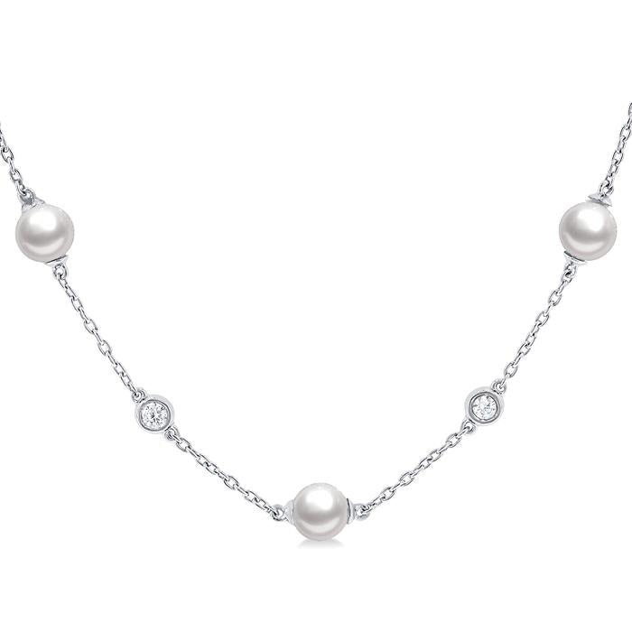 Aqualis Cultured Pearl & Diamond Station Necklace in 14K White Gold