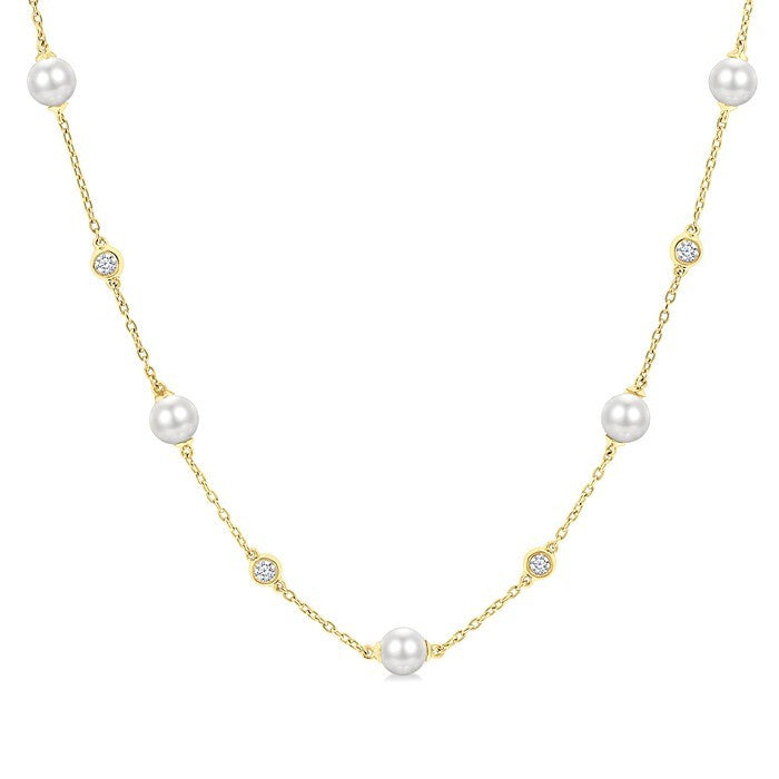 5 MM Round Shape Cultured Pearl and 1/4 Ctw Round Cut Diamond Station Necklace in 14K Yellow Gold