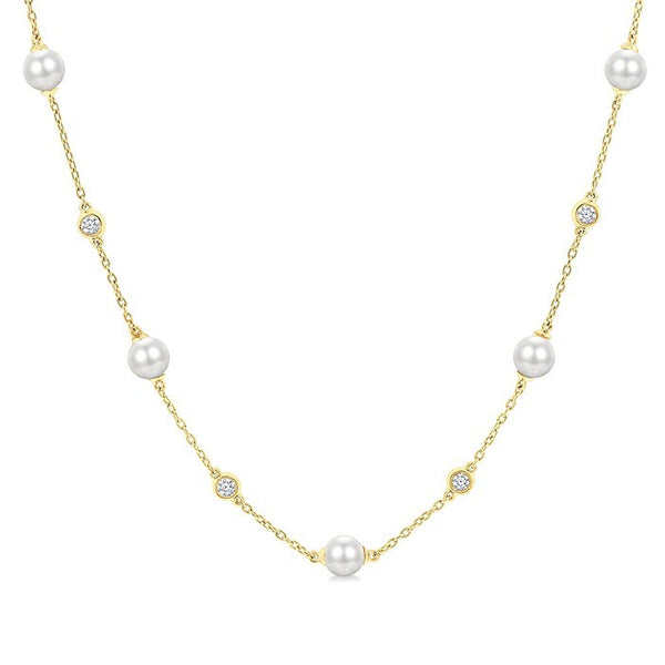 5 MM Round Shape Cultured Pearl and 1/4 Ctw Round Cut Diamond Station Necklace in 14K Yellow Gold