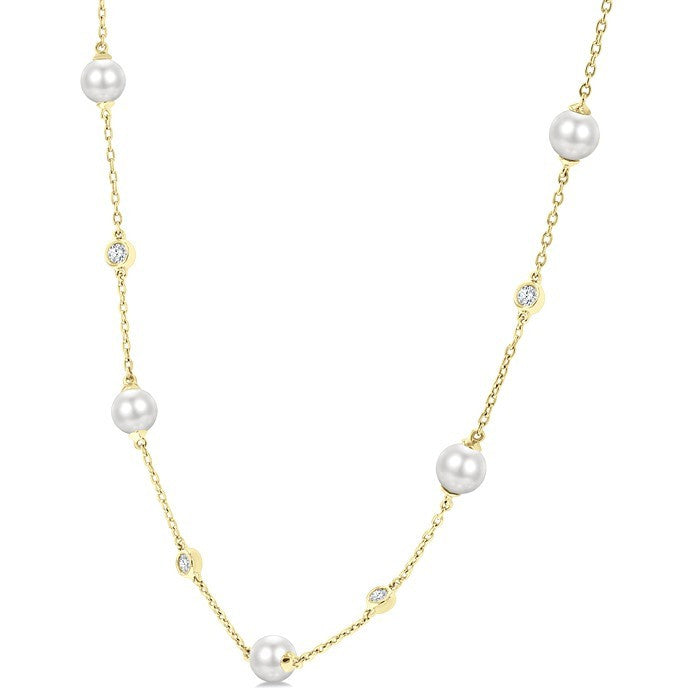 5 MM Round Shape Cultured Pearl and 1/4 Ctw Round Cut Diamond Station Necklace in 14K Yellow Gold