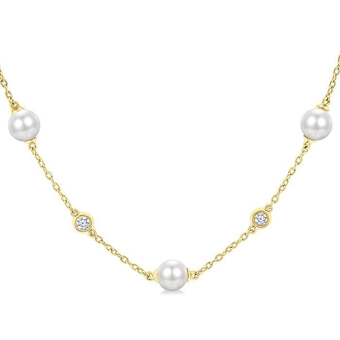 5 MM Round Shape Cultured Pearl and 1/4 Ctw Round Cut Diamond Station Necklace in 14K Yellow Gold