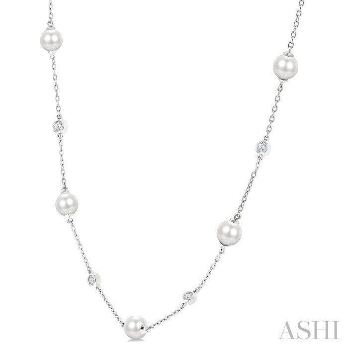 5 MM Round Shape Cultured Pearl and 1/4 Ctw Round Cut Diamond Station Necklace in 14K White Gold