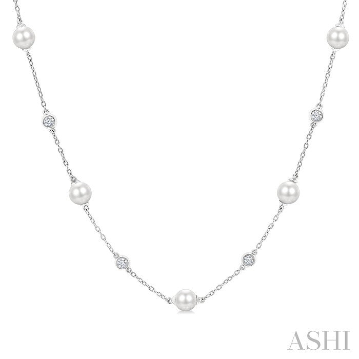 5 MM Round Shape Cultured Pearl and 1/4 Ctw Round Cut Diamond Station Necklace in 14K White Gold