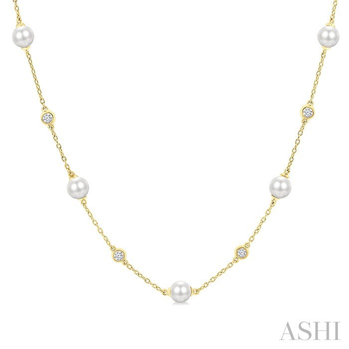 5 MM Round Shape Cultured Pearl and 1/4 Ctw Round Cut Diamond Station Necklace in 14K Yellow Gold