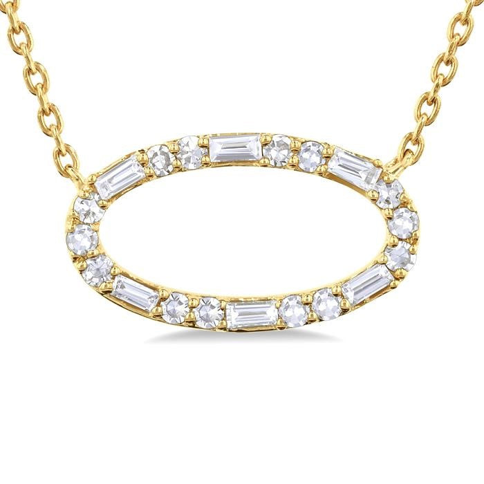 1/5 Ctw East-West Oval Shape Fusion Baguette and Round cut Diamond Pendant With Chain in 10K Yellow Gold