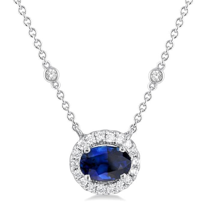 6x4 MM Oval Cut Sapphire and 1/6 Ctw Round Cut Diamond East West Halo Precious Necklace in 14K White Gold