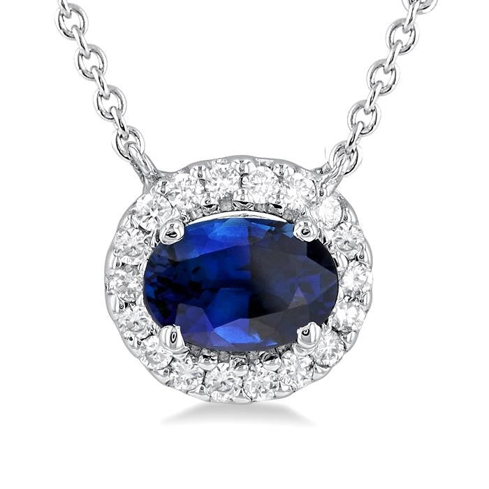 6x4 MM Oval Cut Sapphire and 1/6 Ctw Round Cut Diamond East West Halo Precious Necklace in 14K White Gold