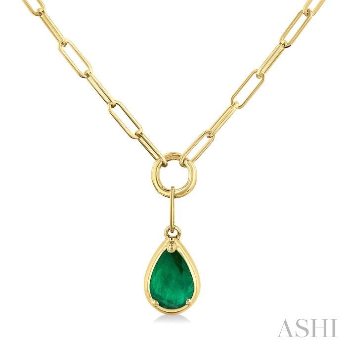 6x4 MM Pear Cut Emerald Solitaire Precious Paperclip Pendant With Chain in 10K Yellow Gold