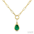6x4 MM Pear Cut Emerald Solitaire Precious Paperclip Pendant With Chain in 10K Yellow Gold