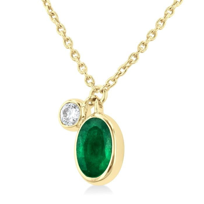 6x4 MM Oval Cut Emerald and 1/20 Ctw Bezel Set Round Cut Diamond Precious Pendant With Chain in 14K Yellow Gold