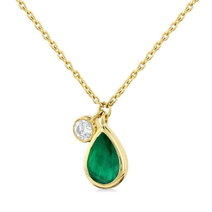 6x4 MM Pear Cut Emerald and 1/20 Ctw Bezel Set Round Cut Diamond Precious Pendant With Chain in 14K Yellow Gold