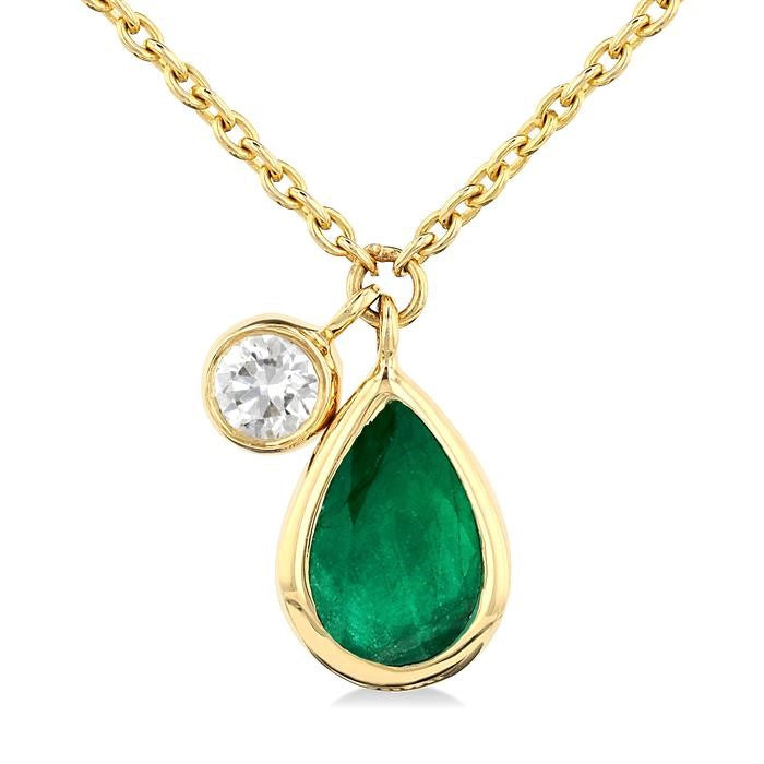 6x4 MM Pear Cut Emerald and 1/20 Ctw Bezel Set Round Cut Diamond Precious Pendant With Chain in 14K Yellow Gold
