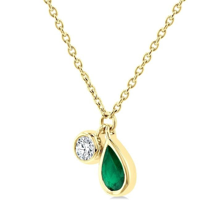 5x3 MM Pear Cut Emerald and 1/50 Ctw Bezel Set Round Cut Diamond Precious Pendant With Chain in 10K Yellow Gold