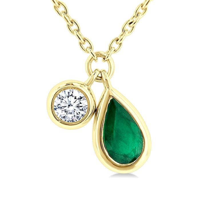 5x3 MM Pear Cut Emerald and 1/50 Ctw Bezel Set Round Cut Diamond Precious Pendant With Chain in 10K Yellow Gold