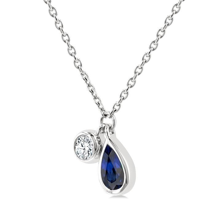 5x3 MM Pear Cut Sapphire and 1/50 Ctw Bezel Set Round Cut Diamond Precious Pendant With Chain in 10K White Gold