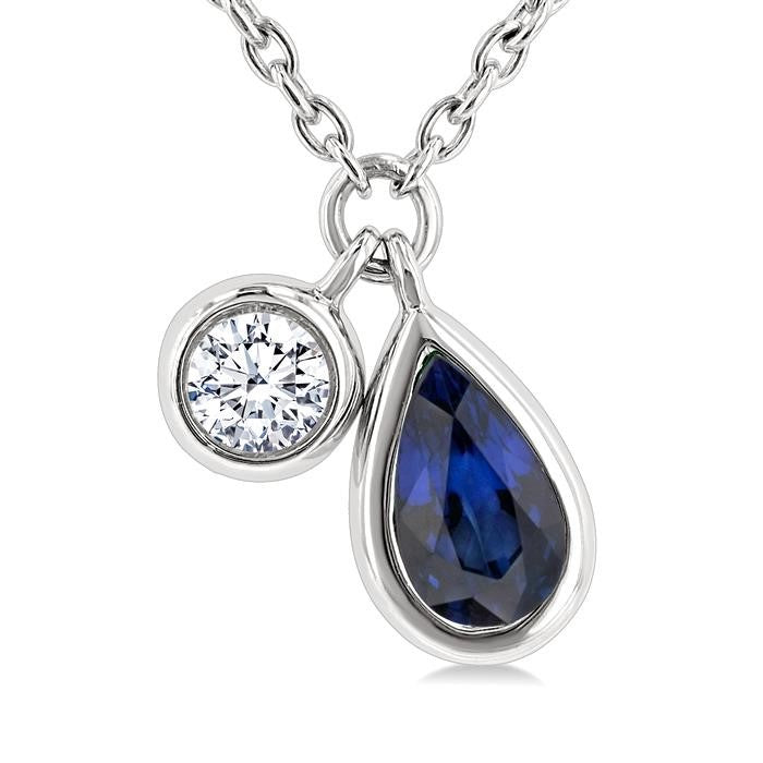 5x3 MM Pear Cut Sapphire and 1/50 Ctw Bezel Set Round Cut Diamond Precious Pendant With Chain in 10K White Gold