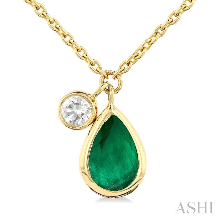 6x4 MM Pear Cut Emerald and 1/20 Ctw Bezel Set Round Cut Diamond Precious Pendant With Chain in 14K Yellow Gold