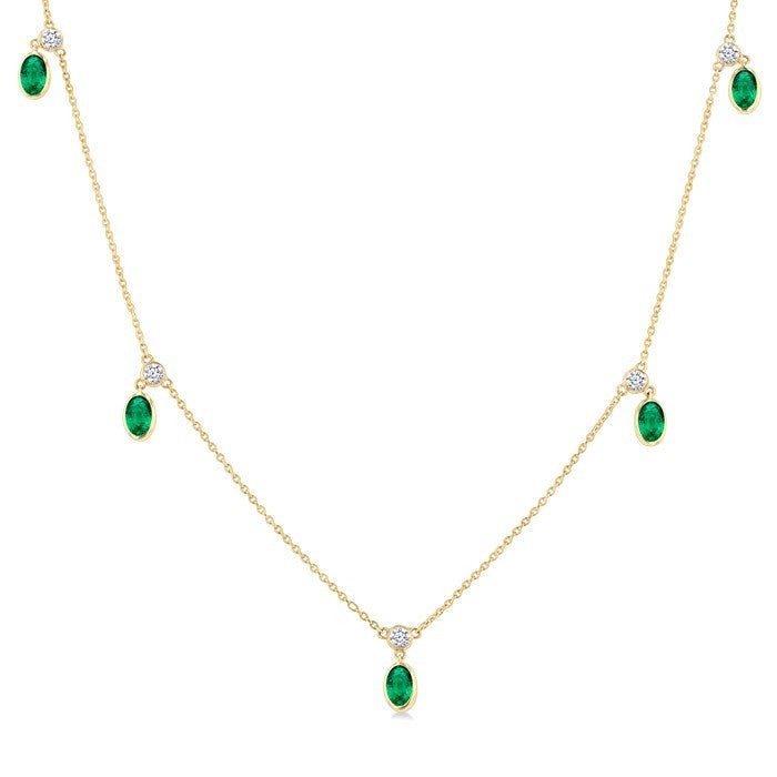 5x3 MM Oval Shape Emerald and 1/8 Ctw Round Cut Diamonds Precious Station Necklace in 10K Yellow Gold