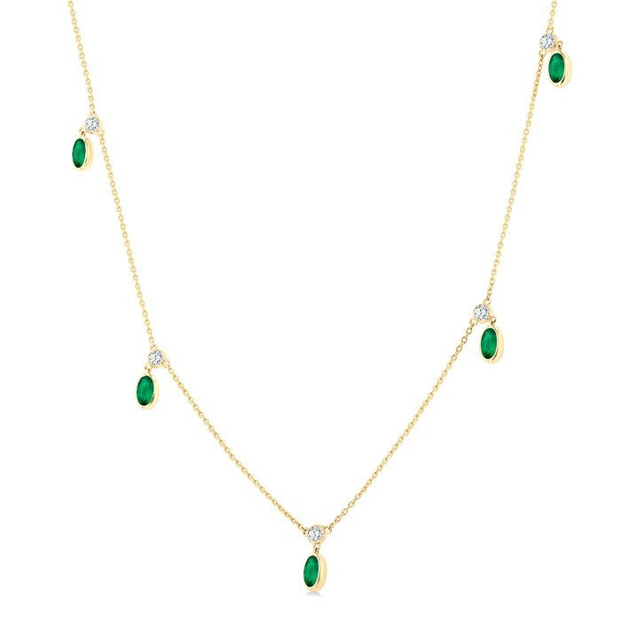 5x3 MM Oval Shape Emerald and 1/8 Ctw Round Cut Diamonds Precious Station Necklace in 10K Yellow Gold