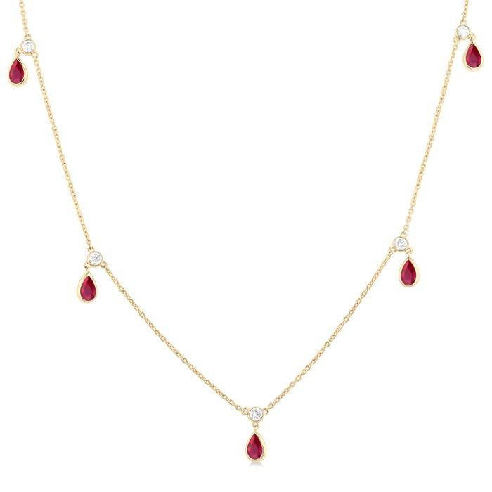 5x3 MM Pear Shape Ruby and 1/8 Ctw Round Cut Diamonds Precious Station Necklace in 10K Yellow Gold