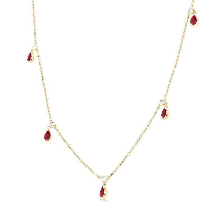 5x3 MM Pear Shape Ruby and 1/8 Ctw Round Cut Diamonds Precious Station Necklace in 10K Yellow Gold