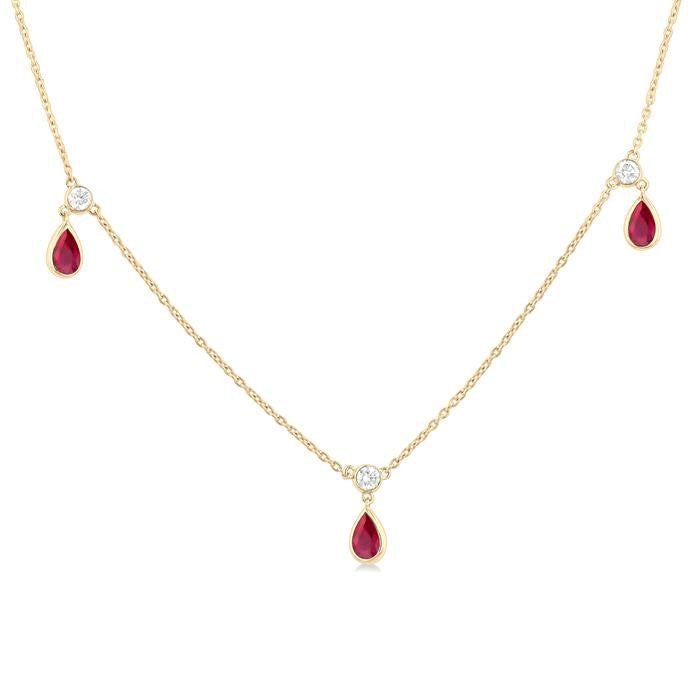5x3 MM Pear Shape Ruby and 1/8 Ctw Round Cut Diamonds Precious Station Necklace in 10K Yellow Gold