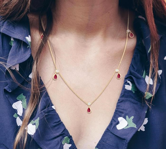 5x3 MM Pear Shape Ruby and 1/8 Ctw Round Cut Diamonds Precious Station Necklace in 10K Yellow Gold