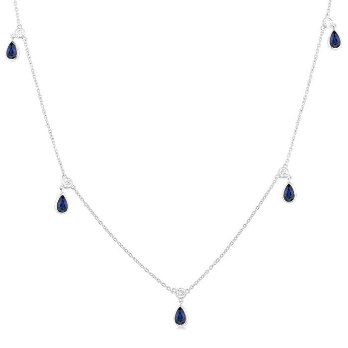 5x3 MM Pear Shape Sapphire and 1/8 Ctw Round Cut Diamonds Precious Station Necklace in 10K White Gold