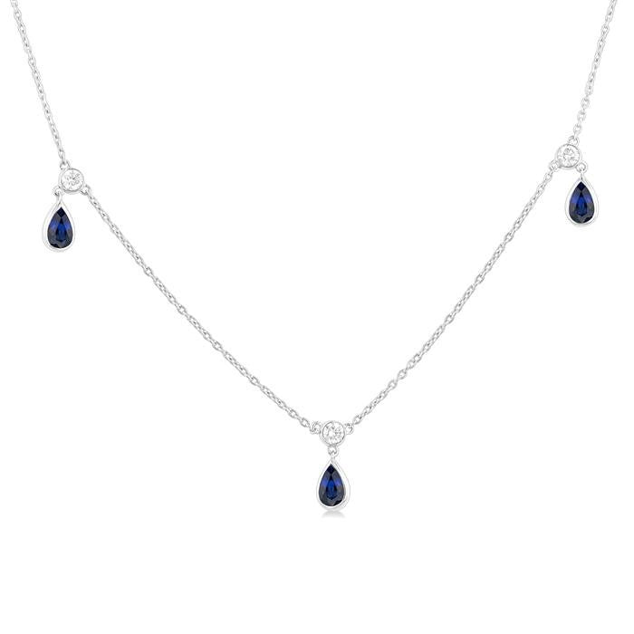 5x3 MM Pear Shape Sapphire and 1/8 Ctw Round Cut Diamonds Precious Station Necklace in 10K White Gold