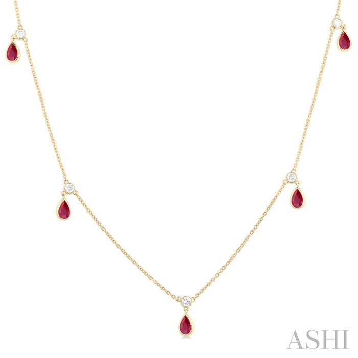 5x3 MM Pear Shape Ruby and 1/8 Ctw Round Cut Diamonds Precious Station Necklace in 10K Yellow Gold