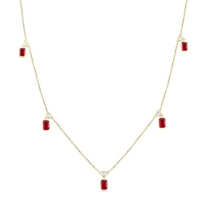 Emerald Shape Gemstone & Diamond Station Necklace