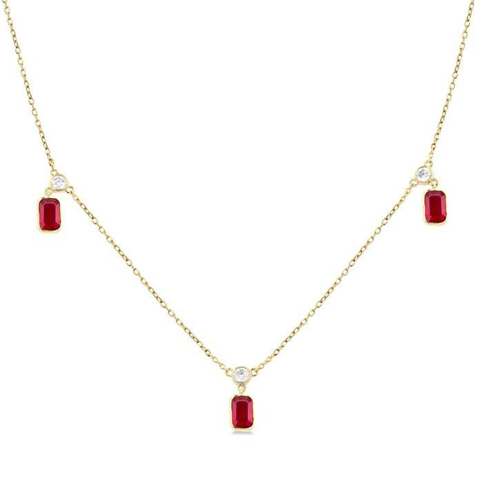Emerald Shape Gemstone & Diamond Station Necklace