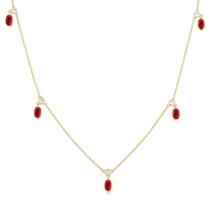 5x3 MM Oval Shape Ruby and 1/4 Ctw Round Cut Diamonds Precious Station Necklace in 14K Yellow Gold