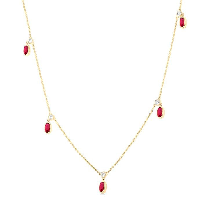 5x3 MM Oval Shape Ruby and 1/4 Ctw Round Cut Diamonds Precious Station Necklace in 14K Yellow Gold
