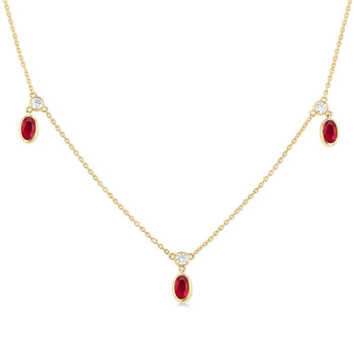5x3 MM Oval Shape Ruby and 1/4 Ctw Round Cut Diamonds Precious Station Necklace in 14K Yellow Gold